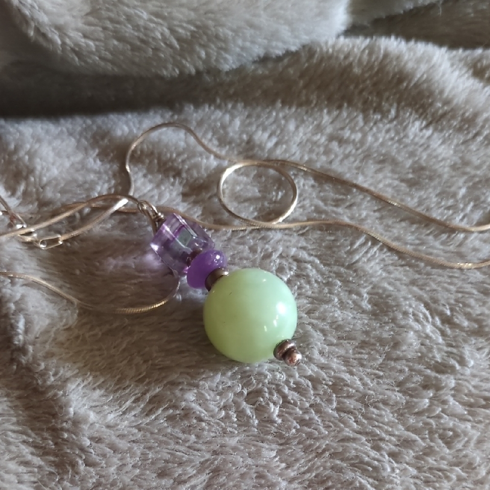 Vtg Sterling Silver Jade, Amethyst And Fluorite Pendant Necklace